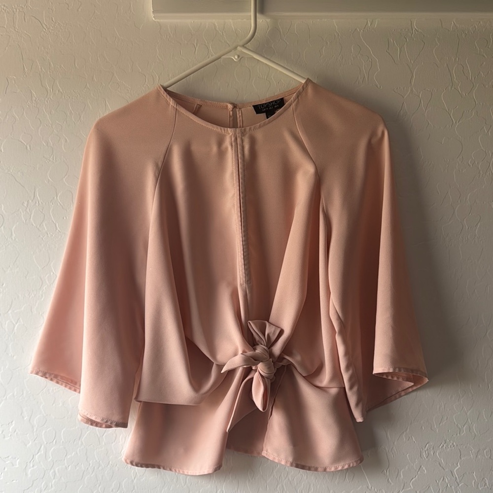 Topshop Pink Blouse with Bell Sleeves and Tie Front